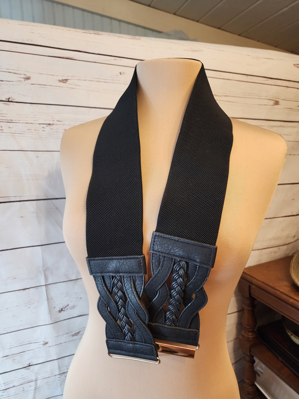 Black Braided Elastic Waist Belt with Gold Buckle